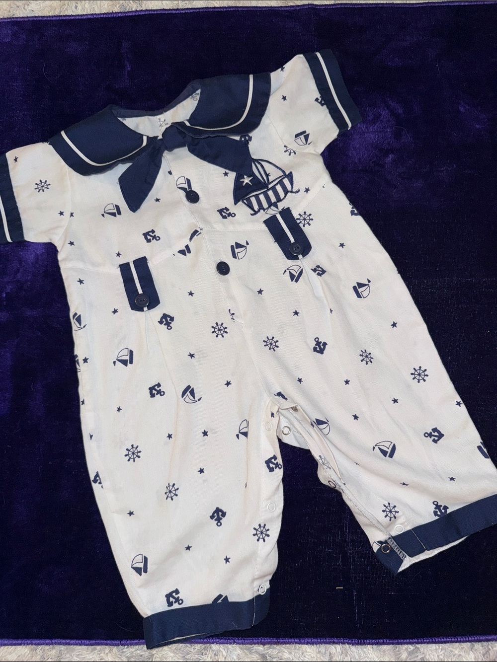 18-24m vintage Navy & White Nautical Sailboat Baby One-Piece
